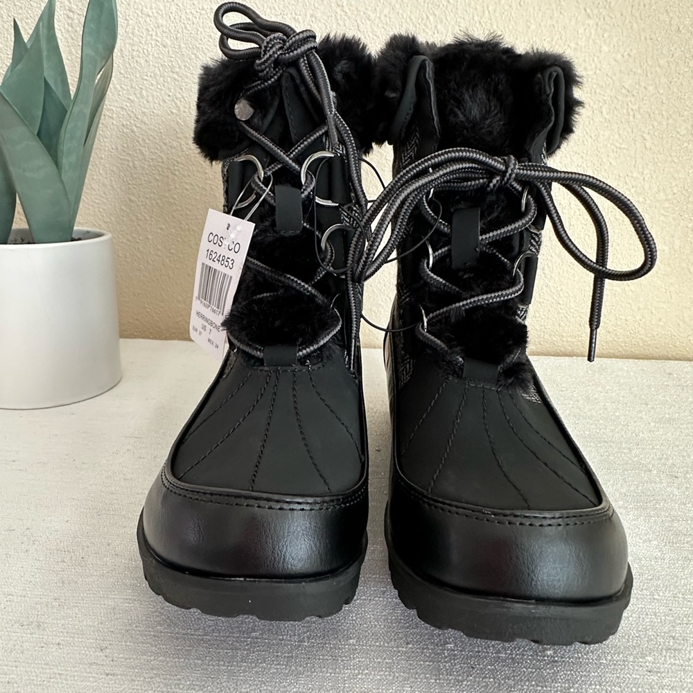 New JBU Southgate Herringbone Black Faux Fur Lace Up Winter Boots Women’s 7